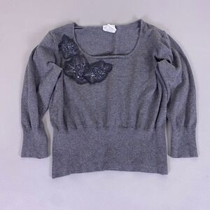 Vintage George Sweater Women's XL 16/18 Gray Square Neck Beaded Floral Applique